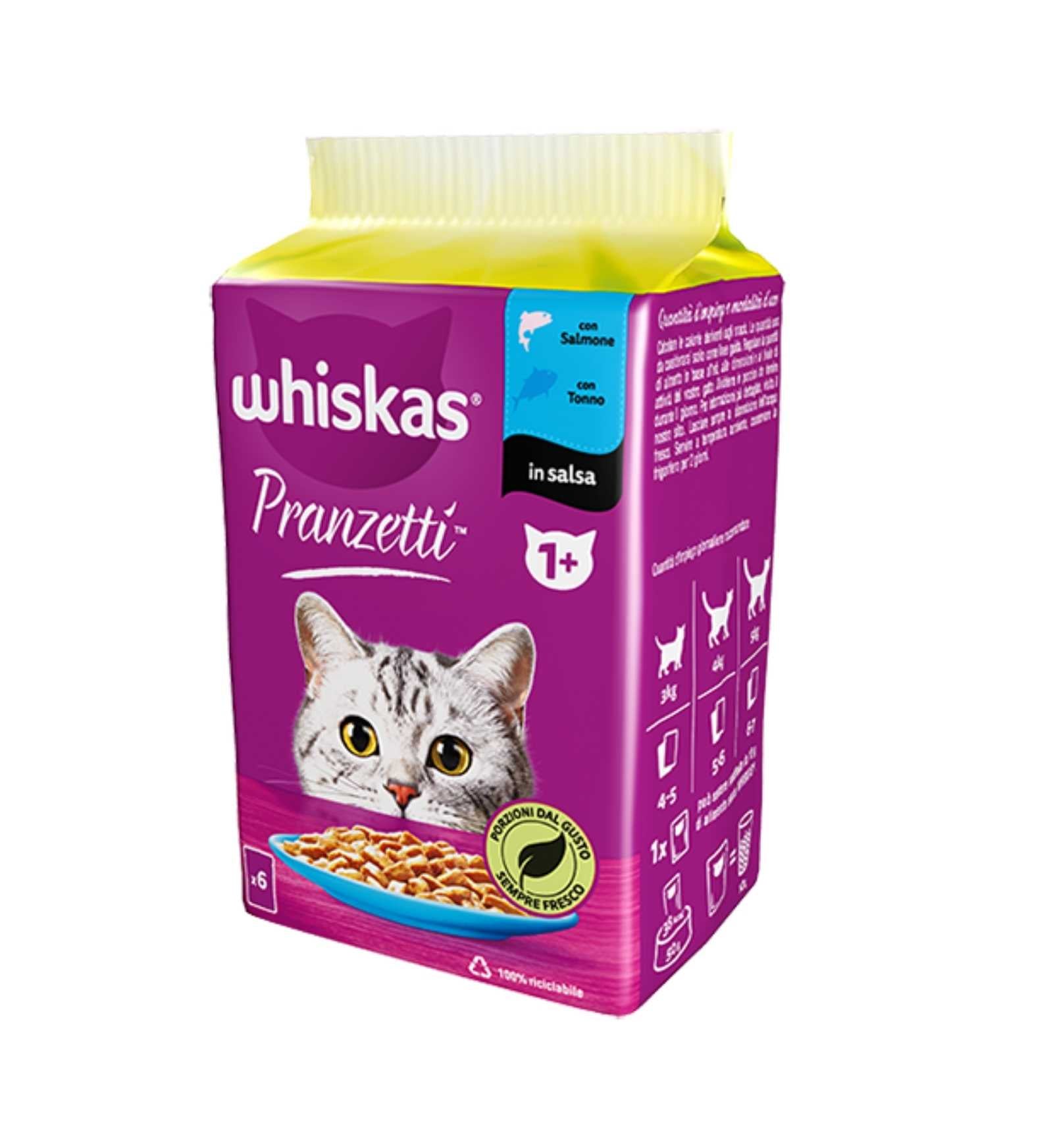 WHISKAS GATTO PRANZETTI PESCE TONNO E SALMONE 6 BUSTE DA 50 GR