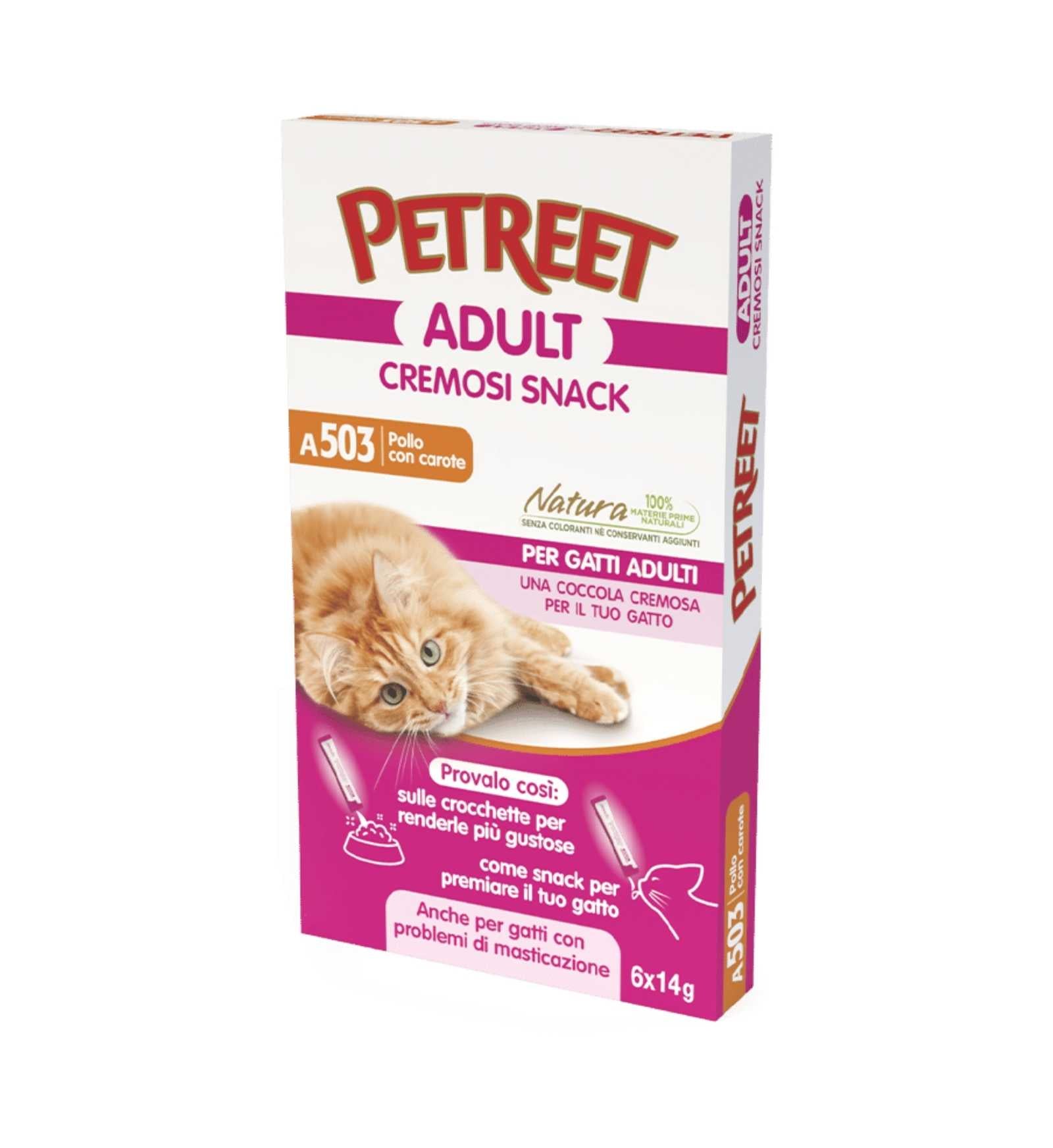 PETREET GATTO SNACK CREMOSI A503 POLLO E CAROTE 14 GR x 6 BUSTINE