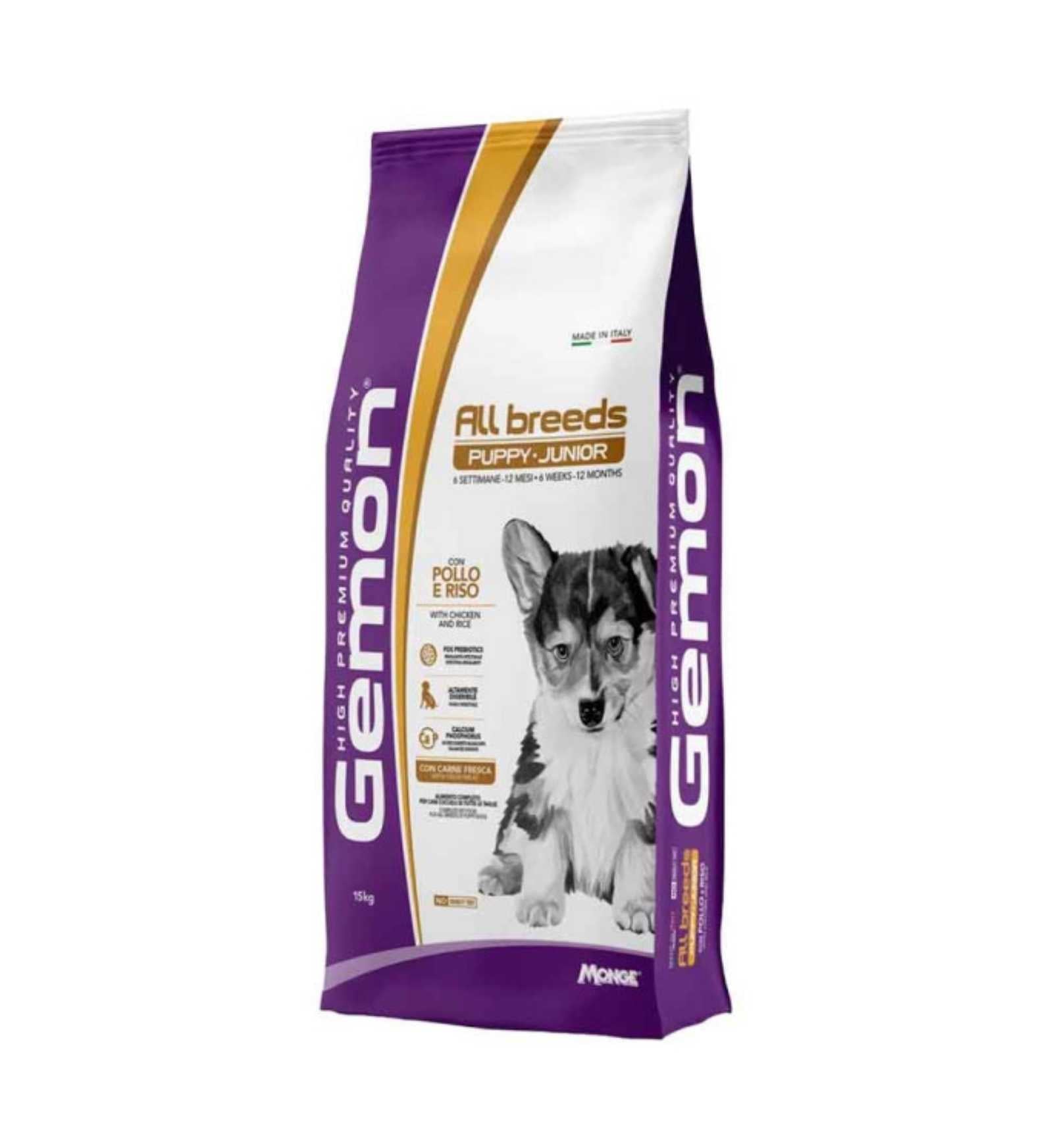 MONGE CANE GEMON PUPPY & JUNIOR ALL BREED POLLO E RISO DA 15 KG