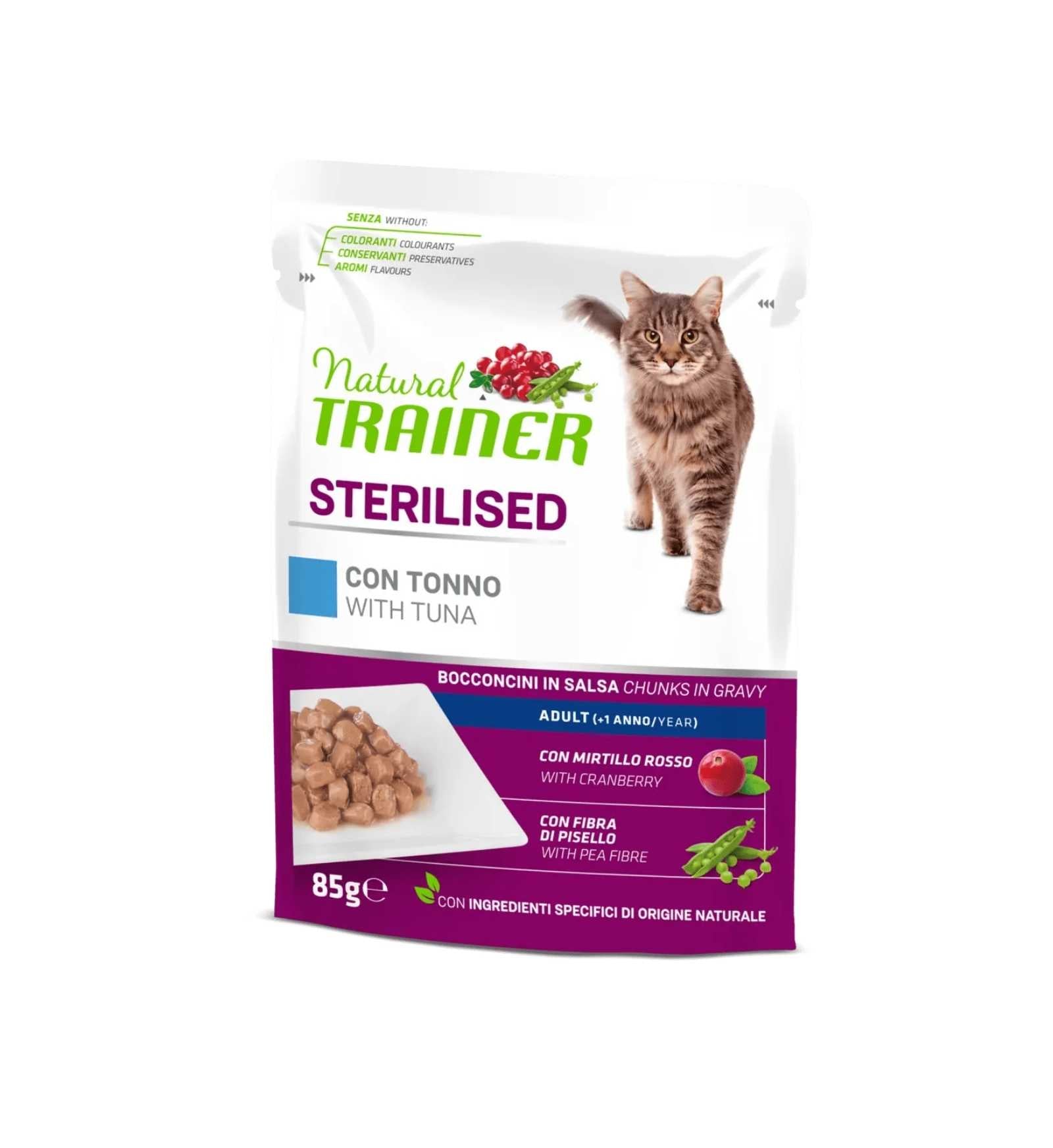 TRAINER GATTO NATURAL ADULT STERILIZZATO CON TONNO BOCCONCINI IN SALSA DA 85 GR IN BUSTA