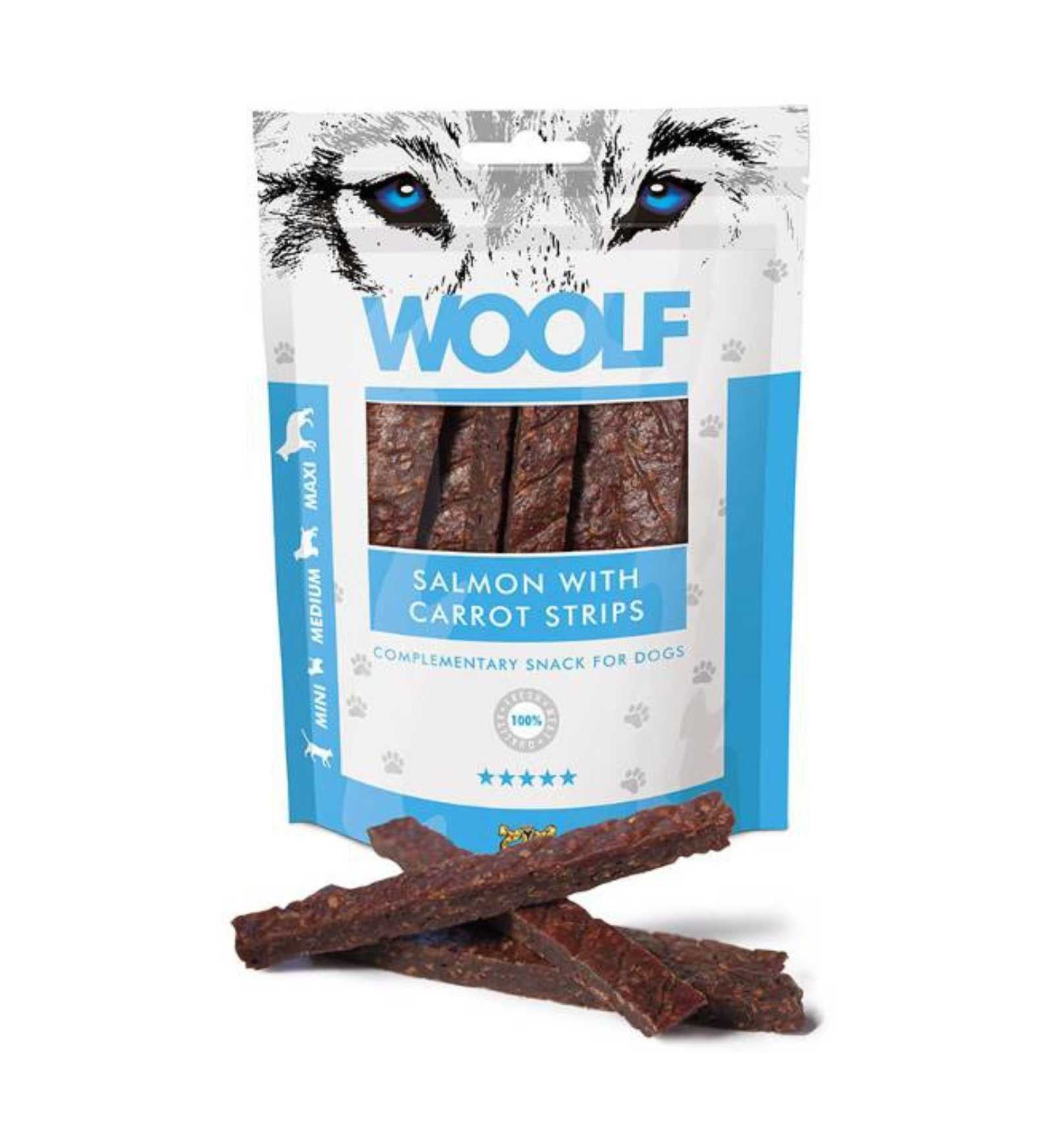 WOOLF CANE SNACK STRISCE DI SALMONE E CAROTE DA 100 GR