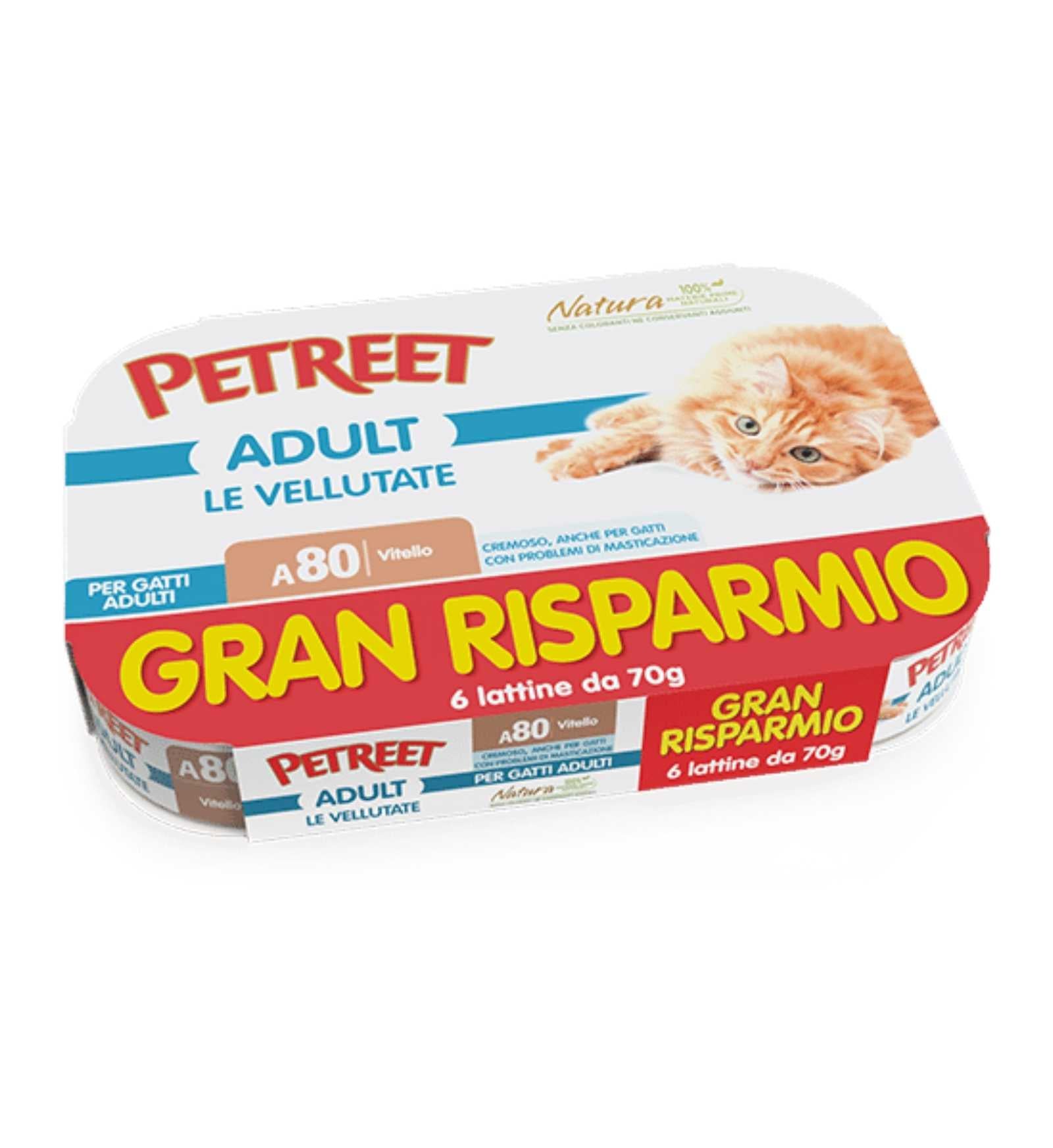 PETREET GATTO A80 MULTIBOX VELLUTATE VITELLO DA 70 GR PER 6 IN LATTINA